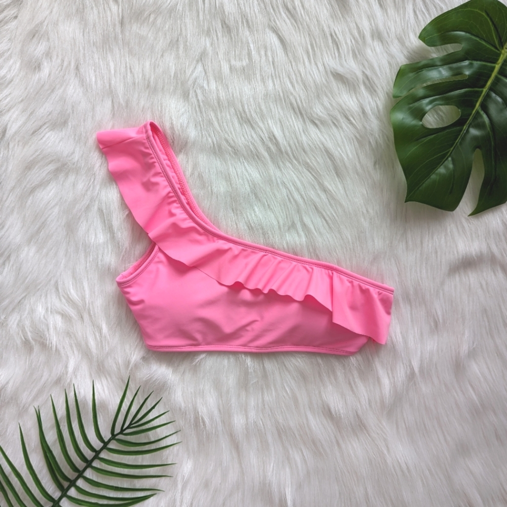 Bright pink ruffle trim one shoulder bikini top size S M L - Picture 2 of 6